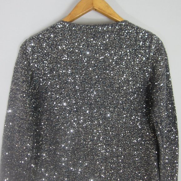 CHICOS 1 Womens Medium Blue Beige LS Silver Sequin Front Zip Wool Blend Sweater - Picture 8 of 11
